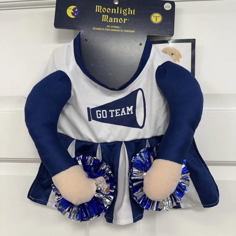 NWT Cheerleader Dog Costume L Pet Apparel Blue White & Pom Poms Dogs Go Team